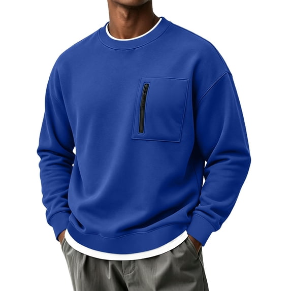 Fnooota Men's Crew Neck Sweatshirts, Casual Zipper Pockets Long Sleeve Pullover Fall Tops Dark Blue Size L