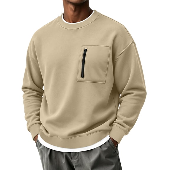 Fnooota Men's Crew Neck Sweatshirts, Long Sleeve Casual Pullover Zipper Pockets Fall Tops Khaki Size S-2XL