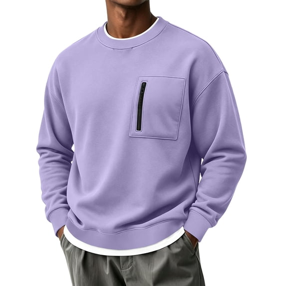 Fnooota Men's Crew Neck Sweatshirts, Zipper Pockets Casual Long Sleeve Pullover Fall Tops Purple Size L