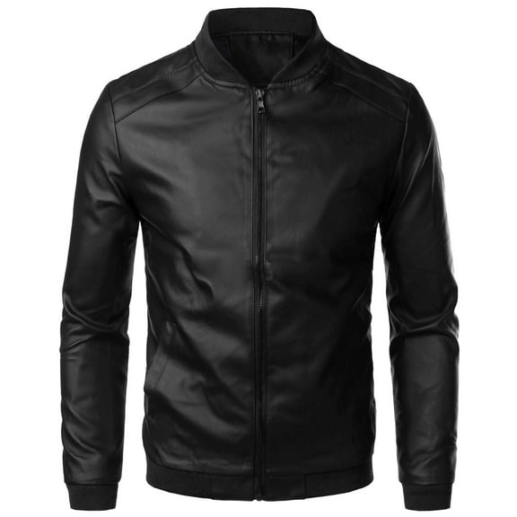 Fnooota Men's Leather Jackets, Full Zip Stand-up Collar Casual Waterproof Motorcycle Jacket Black Size 2XL