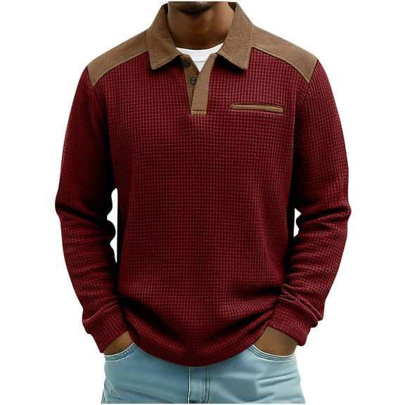 Fnooota Men's Long Sleeve Polo Shirts, Collared Casual Buttons Pullover Spring Tops Wine Size M