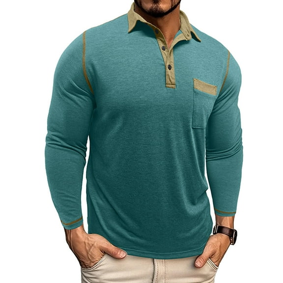 Fnooota Men's Long Sleeve Polo Shirts, Collared Casual Solid Color Buttons Pullover Tops Mint Green Size S