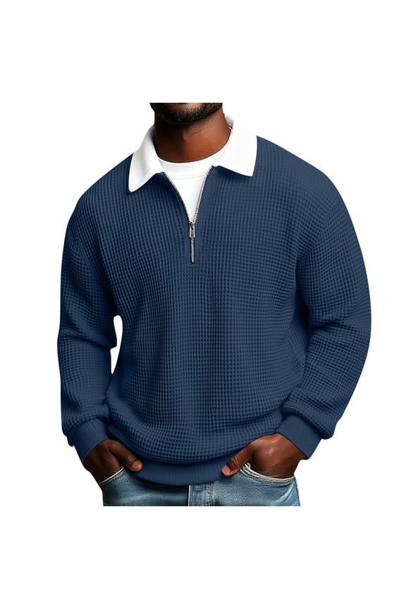 Men's Long Sleeve Polo Shirts, Collared Zipper Casual Pullover Spring Tops Navy Size XL