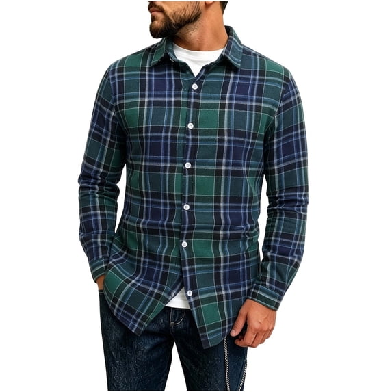 Fnooota Men's Plaid Shirts, Fall Casual Classic Colored Long Sleeve Button Down Shirts Navy Size M