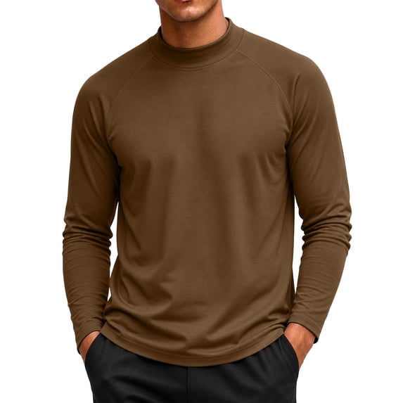 Fnooota Men's Thermal Tops, Fall Winter Mock Neck Long Sleeve Casual Base Layer Clothing Coffee Size M