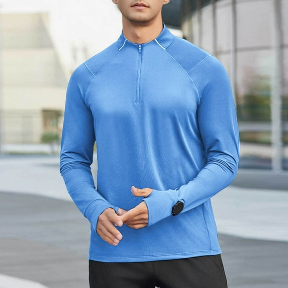 Fnooota Men's Workout Tops, Gym Breathable Quick Dry Long Sleeve Activewear Clothing Blue Size M