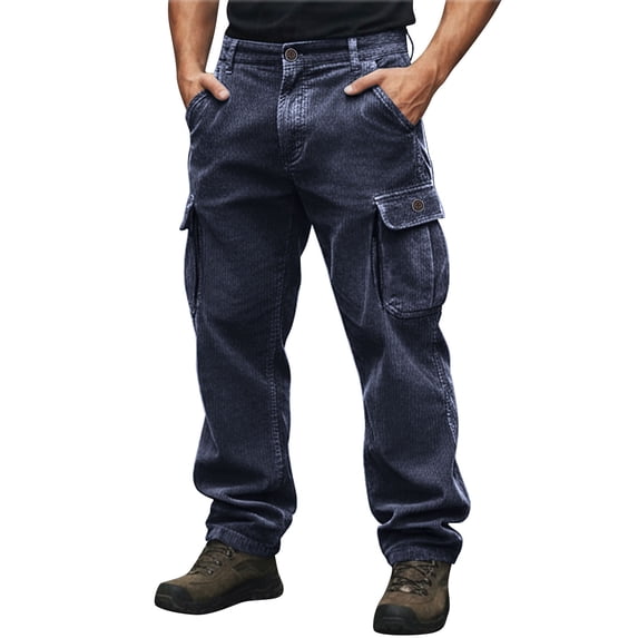 Fnooota Mens Cargo Pants, Casual Corduroy Multi-pocket Hiking Straight-leg Pants Navy Size 1XL