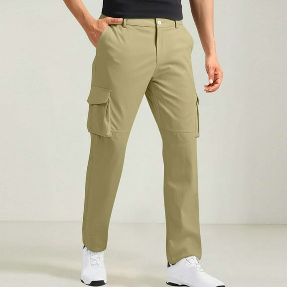 Fnooota Mens Cargo Pants, Multi-pocket Zipper Relaxed Fit Casual Straight-leg Pants Khaki Size 4XL