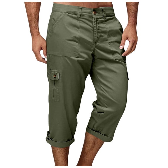Fnooota Mens Cargo Pants, Summer Casual Multi-pocket Outdoor Cuffed Capris Army Green Size XS