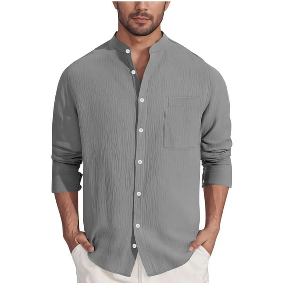 Fnooota Mens Casual Button Down Shirts, Spring Fall Fashion Long Sleeve Work Shirts with Pockets Gray Size L
