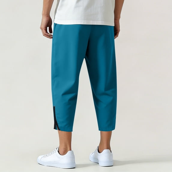 Fnooota Mens Cotton Linen Pants, Casual Drawstring Summer Elastic Waist Capri Pants Blue Size S