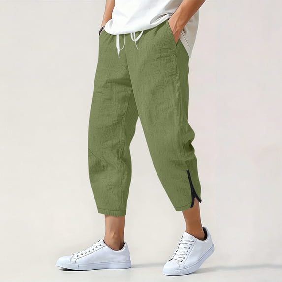 Fnooota Mens Cotton Linen Pants, Summer Drawstring Elastic Waist Casual Capri Pants Green Size 2XL