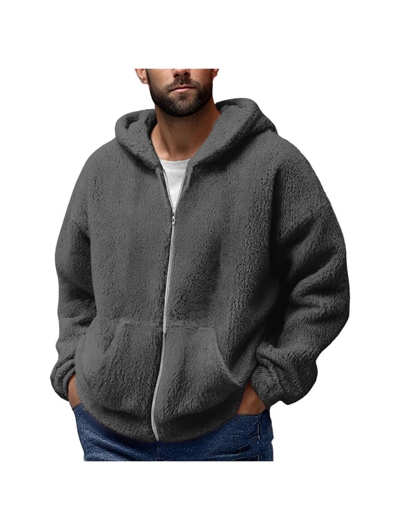 Mens Fleece Jackets with Pockets, Lightweight Hooded Full Zip Warm Winter Coats Gray Size S-4XL