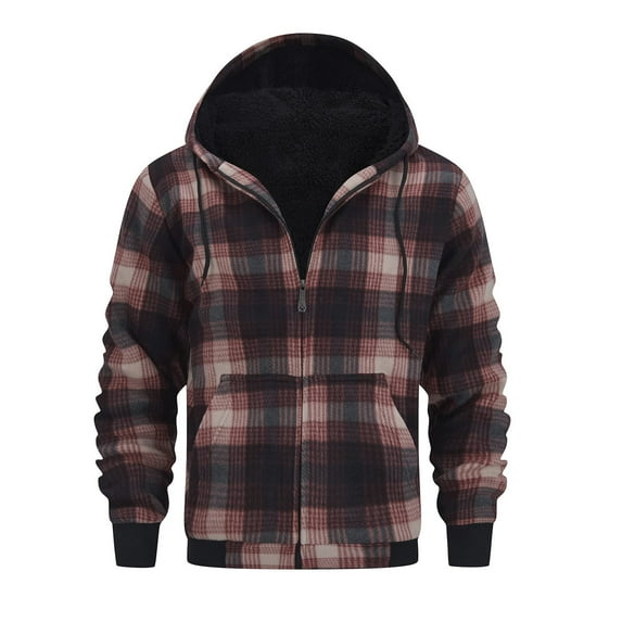 Fnooota Mens Fleece Lining Jackets, Drawstring Zip up Warm Long Sleeve Plaid Jackets with Hood Multicolor Size M