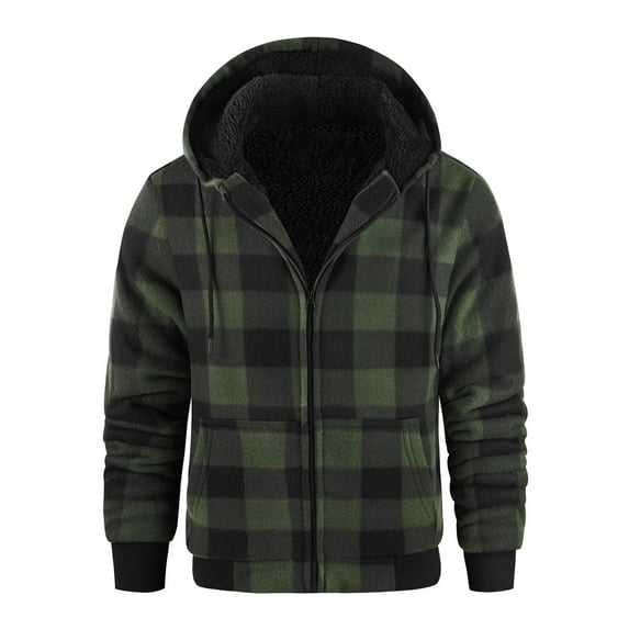 Fnooota Mens Fleece Lining Jackets, Long Sleeve Zip up Casual Warm Plaid Jackets with Hood Multicolor Size S