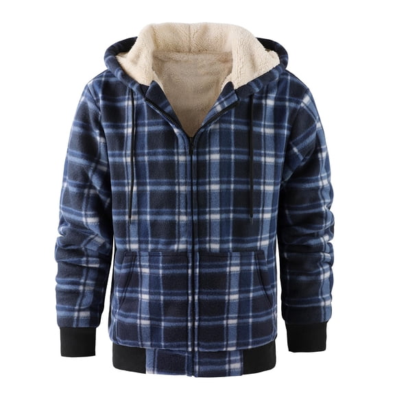 Fnooota Mens Fleece Lining Jackets, Warm Long Sleeve Full Zip Winter Plaid Jackets with Hood Multicolor Size 2XL
