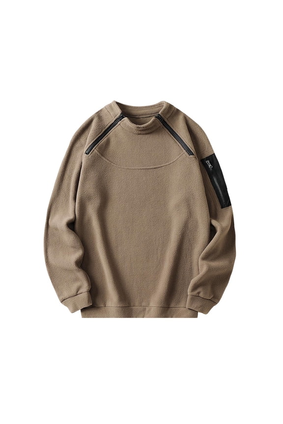 Mens Fleece Sweatshirts, Casual Long Sleeve Crewneck Warm Pullover Tops Brown Size XL