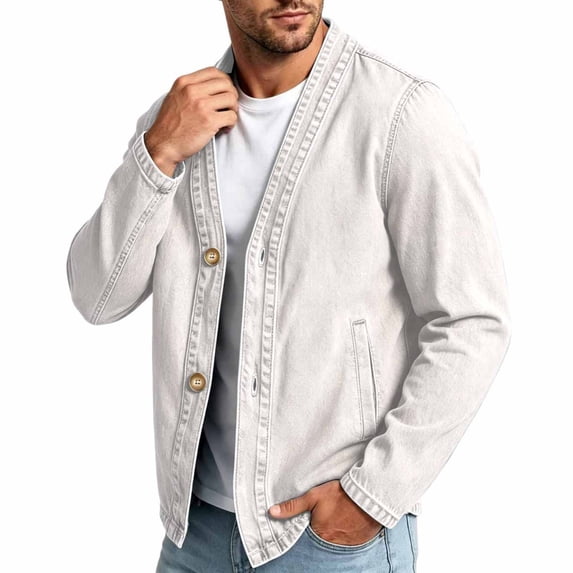 Fnooota Mens Jean Jackets, Front Button Long Sleeve Spring Fall Fashion Denim Jackets White Size 2XL
