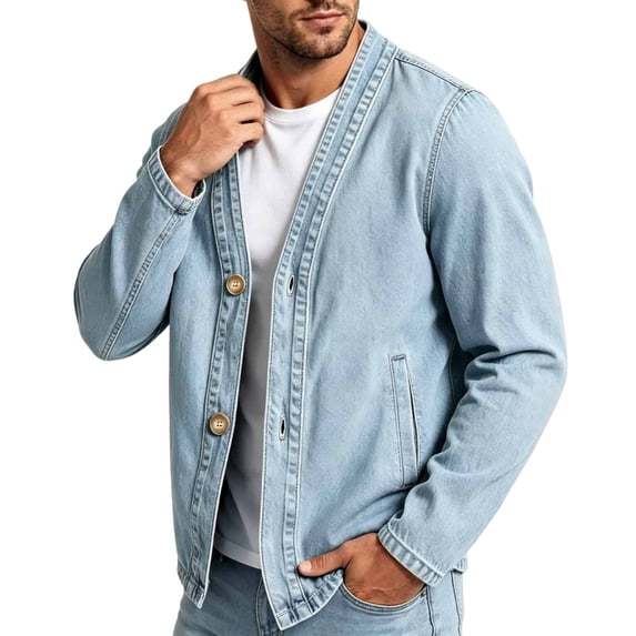 Fnooota Mens Jean Jackets, Front Button Spring Fall Long Sleeve Fashion Denim Jackets Light Blue Size L