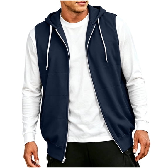 Fnooota Mens Lightweight Vests, Zip up Sleeveless Drawstring Casual Fall Hoodies with Pockets Navy Size S