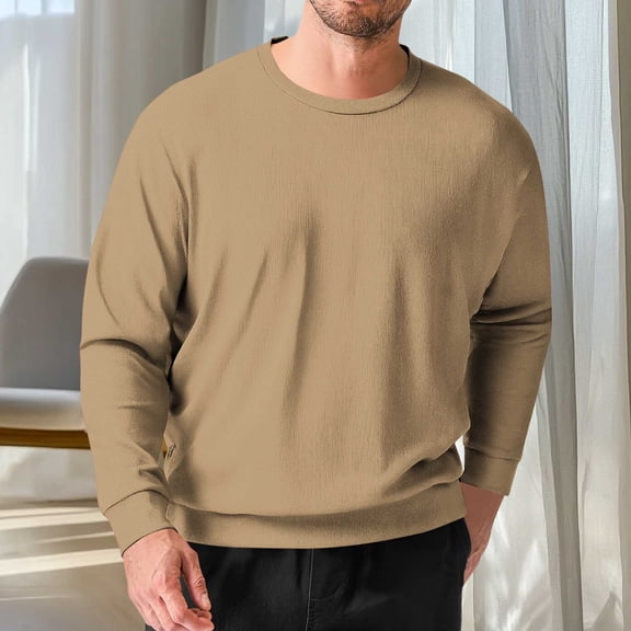 Fnooota Mens Long Sleeve Tops, Crew Neck Pullover Casual Knitted Shirts for Men Khaki Size 3XL