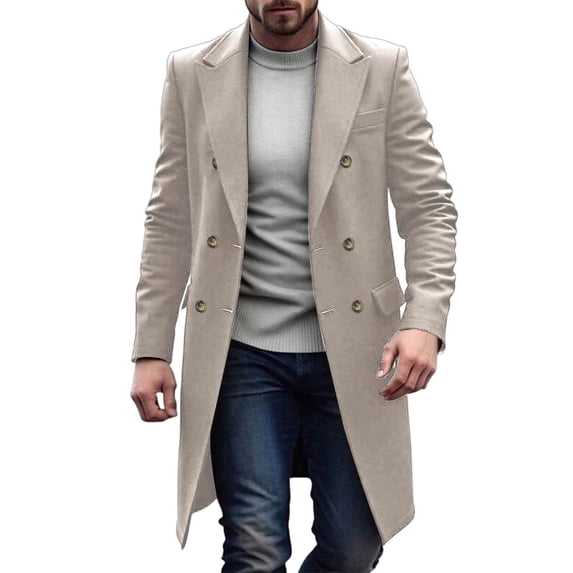 Fnooota Mens Peacoat Jacket, Lapel Collar Business Double Breasted Mid-length Men's Trench Coat Beige Size XL