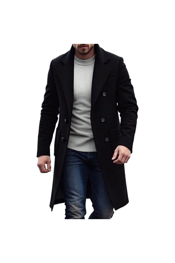 Mens Peacoat Jacket, Lapel Collar Mid-length Business Double Breasted Men's Trench Coat Black Size XL