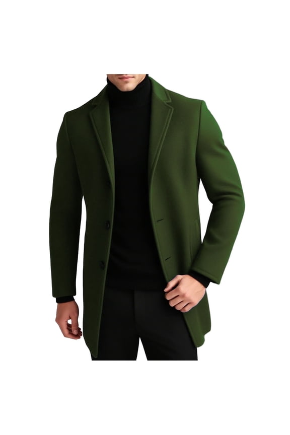 Mens Peacoats, Single Breasted Business Lapel Collar Mid-length Winter Jackets for Men Army Green Size M-5XL