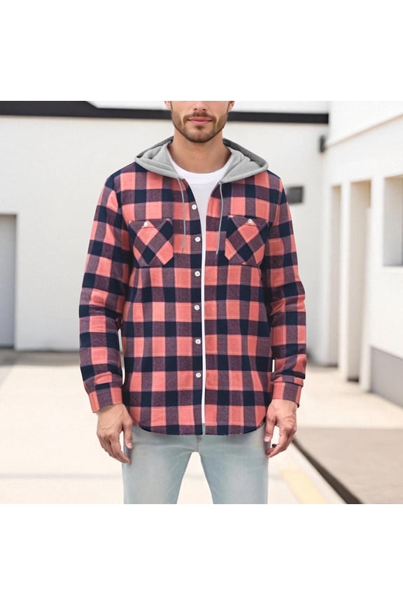 Mens Plaid Shirts Long Sleeve, Casual Hooded Drawstring Lightweight Button Down Shirts with Pockets Pink Size M