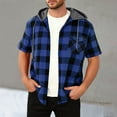 thumbnail image 1 of Fnooota Mens Plaid Shirts with Hoodie, Lightweight Casual Breathable Short Sleeve Summer Shirts Blue Size M, 1 of 8