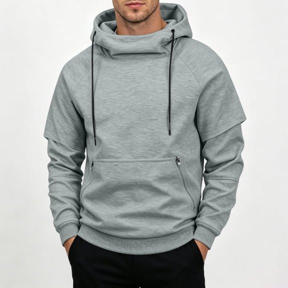 Fnooota Mens Pullover Hoodies, Drawstring Zipper Pocket Long Sleeve Casual Fall Sweatshirts Gray Size S-3XL