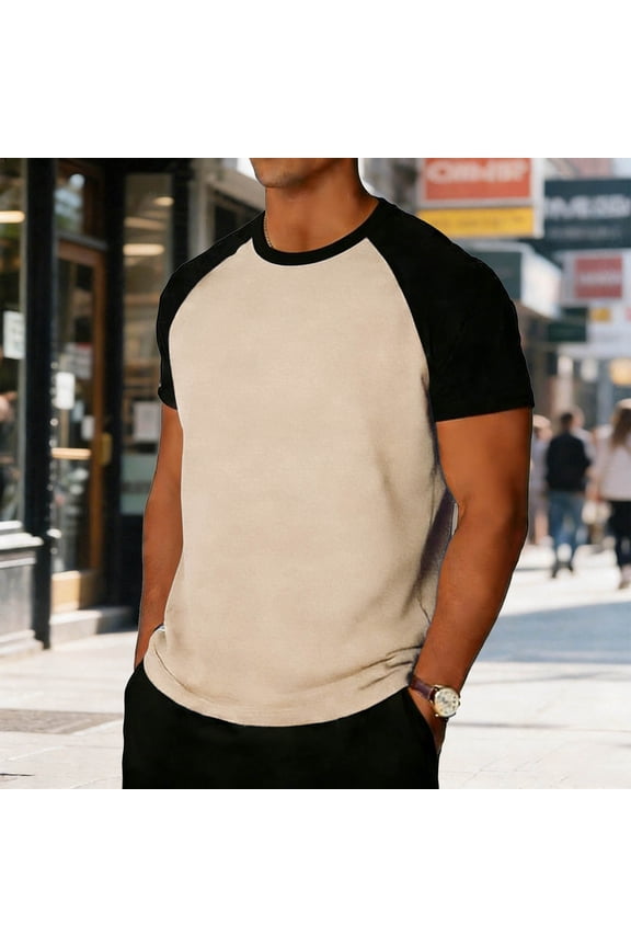 Mens T Shirts, Crew Neck Casual Color Block Short Sleeve Summer Tops Beige Size S-2XL