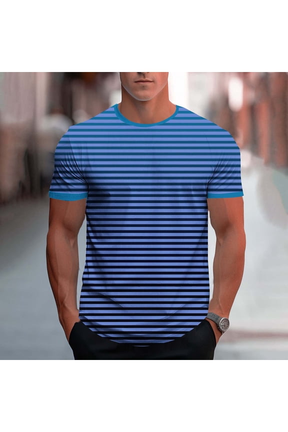 Mens T-Shirts, Gradient Print Casual Crew Neck Short Sleeve Summer Tops Blue Size 3XL