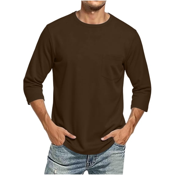 Fnooota Mens T-Shirts with Pockets, Crew Neck Classic Fall Casual 3/4 Sleeve Tops Mens Tees Brown Size 2XL