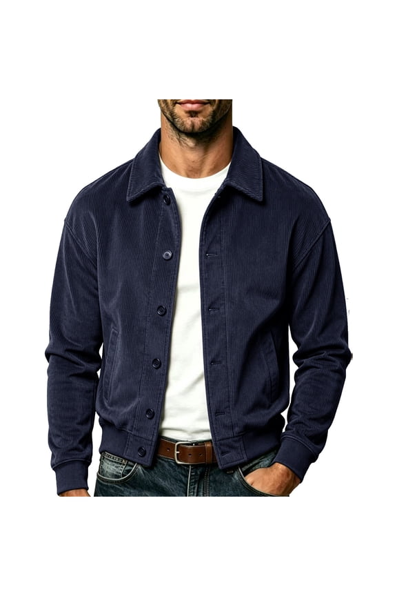 Mens Trucker Jackets, Corduroy Casual Collared Button Front Outerwear for Spring Fall Navy Size 2XL
