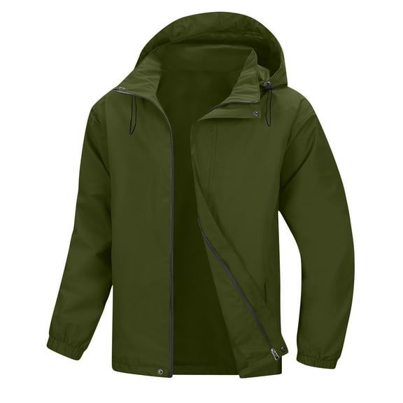 Fnooota Mens Waterproof Jackets, Casual Full Zip Lightweight Outdoor Mens Raincoats Army Green Size L