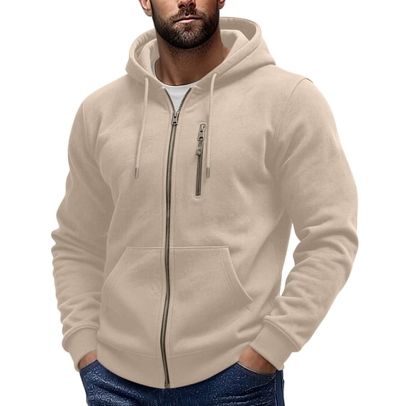 Fnooota Mens Zip up Hoodies, Casual Fleece-lined Lightweight Long Sleeve Fall Outerwear with Pockets Beige Size XL