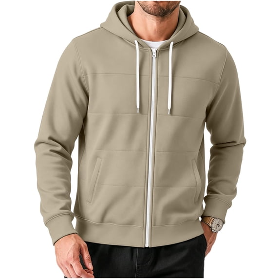 Fnooota Mens Zip up Hoodies, Lightweight Long Sleeve Casual Drawstring Fall Jackets with Pockets Khaki Size 2XL