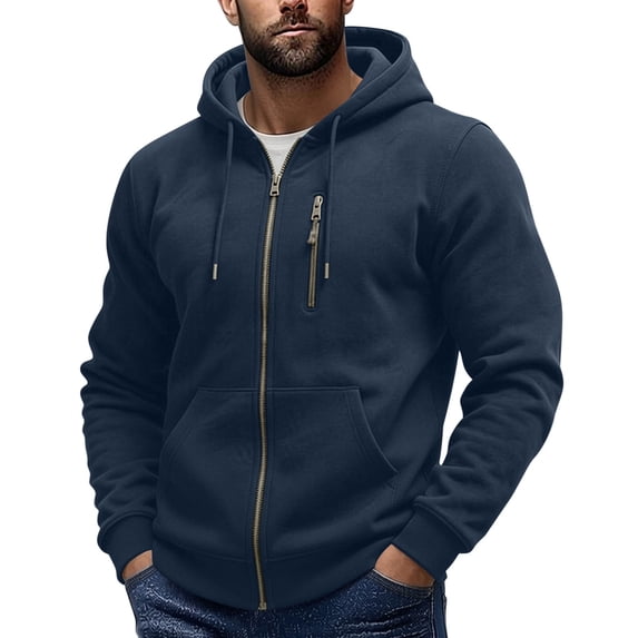 Fnooota Mens Zip up Hoodies, Long Sleeve Lightweight Casual Fleece-lined Fall Outerwear with Pockets Navy Size S