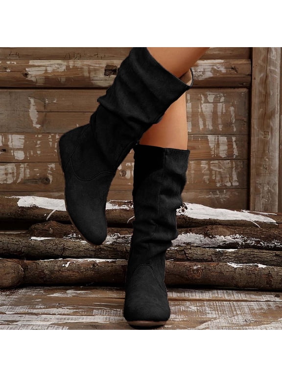 Mid Calf Boots for Women, Fashion Zip up Low Heel Non Slip Winter Boots Black Size 6.5