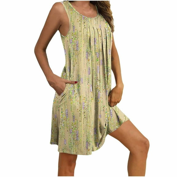 Fnooota Nightgowns for Women, Pleated Crewneck Sleeveless Printed Womens Sleepshirts Yellow Size 2XL