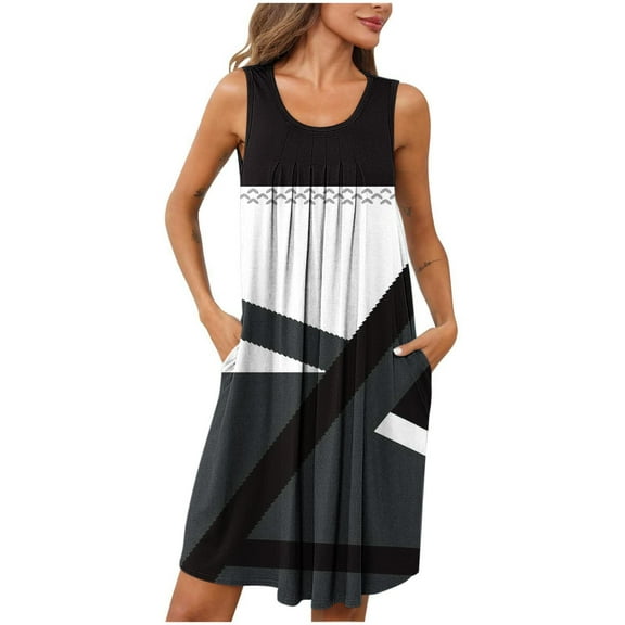 Fnooota Nightgowns for Women, Sleeveless Color Block Pleated Summer Womens Sleepshirts Black Size XL