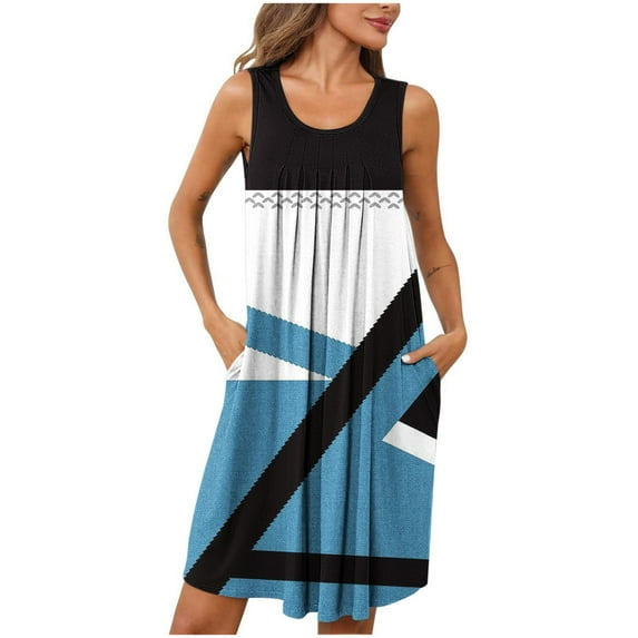 Fnooota Nightgowns for Women, Summer Sleeveless Color Block Pleated Womens Sleepshirts Light Blue Size L