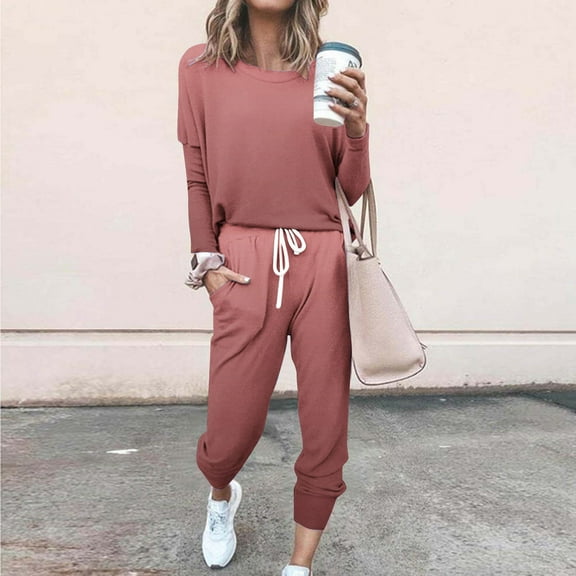 Fnooota Outfit Sets for Women, 2 Piece Casual Long Sleeve Sweatshirts and Sweatpants Sets Hot Pink Size XL