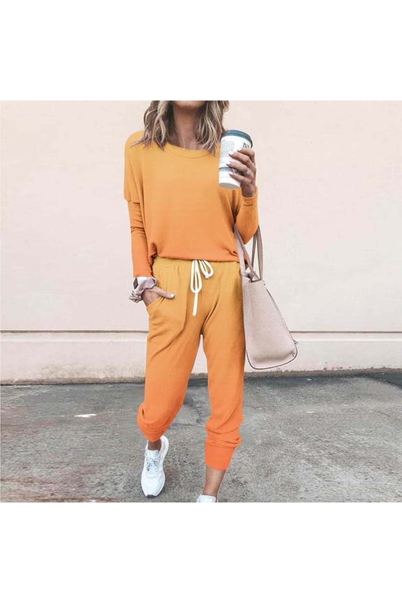 Outfit Sets for Women, 2 Piece Casual Long Sleeve Sweatshirts and Sweatpants Sets Orange Size 3XL