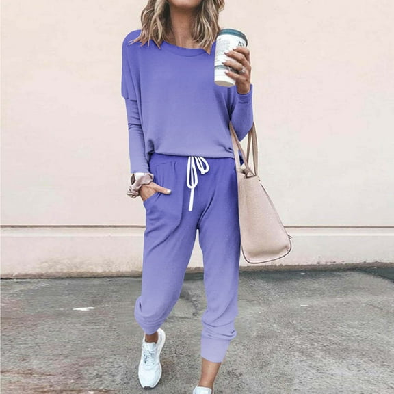 Fnooota Outfit Sets for Women, 2 Piece Casual Long Sleeve Sweatshirts and Sweatpants Sets Purple Size L