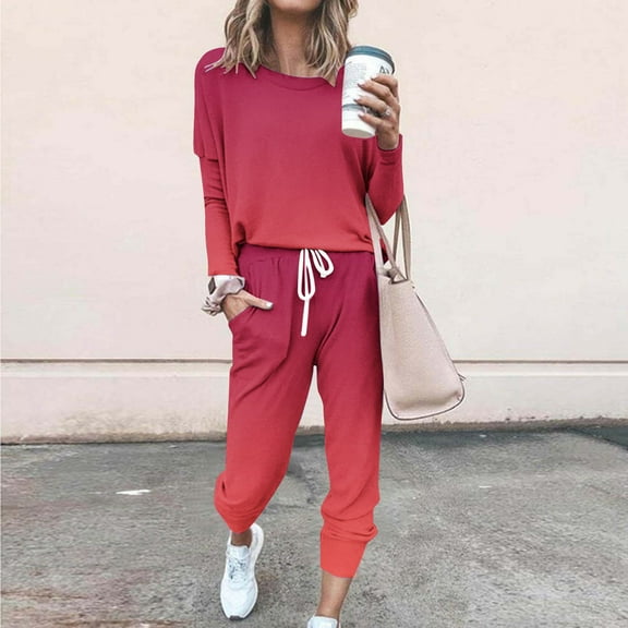 Fnooota Outfit Sets for Women, 2 Piece Long Sleeve Casual Sweatshirts and Sweatpants Sets Watermelon Red Size S