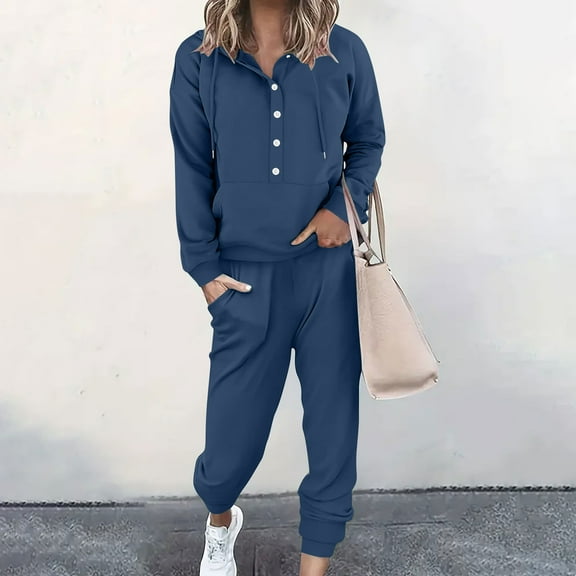 Fnooota Outfit Sets for Women, Casual 2 Piece Long Sleeve Sweatshirts and Sweatpants Sets Navy Size M
