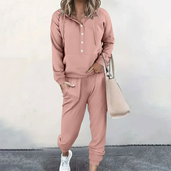 Fnooota Outfit Sets for Women, Casual Long Sleeve 2 Piece Sweatshirts and Sweatpants Sets Pink Size 3XL