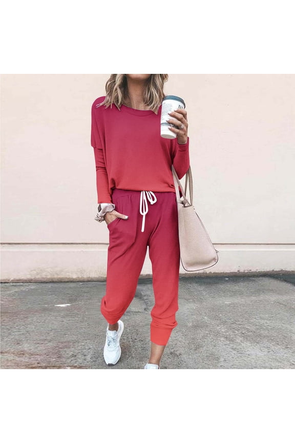 Outfit Sets for Women, Casual Long Sleeve 2 Piece Sweatshirts and Sweatpants Sets Watermelon Red Size L
